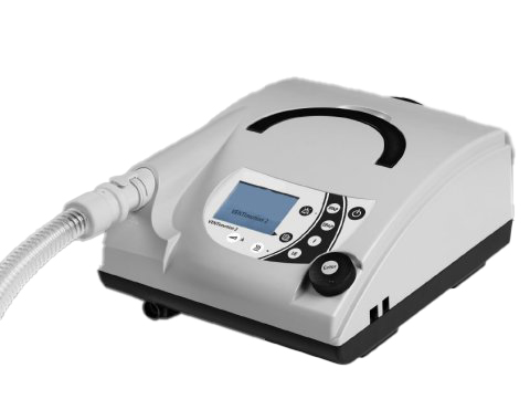 Das Beatmungsgerät Löwenstein VENTImotion 2 von PMT Medizintechnik zeigt sein kompaktes, weiß-graues Design mit Display, Bedienelementen und dem Anschluss für die Maske, geeignet für die nicht-invasive Beatmung.