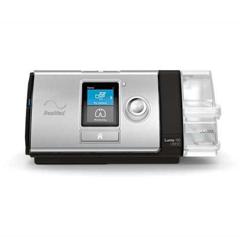 Das kompakte Beatmungsgerät Resmed Lumis™ 150 VPAP ST-A (Hersteller ResMed), vertrieben von PMT Medizintechnik GmbH, zeigt sein graues Gehäuse mit Display, Bedienelementen und Schlauchanschluss, entwickelt für personalisierte Beatmung.
