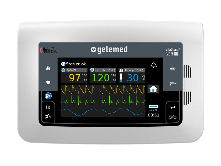 Frontansicht des GETEMED VitaGuard VG 5 MP Monitors mit Touchscreen und Anzeige von Sauerstoffsättigung, Herzrate und Atmung.