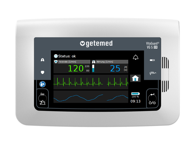 Frontansicht des GETEMED VitaGuard VG 5 CR Monitors mit Touchscreen und Anzeige von Herzrate und Atmung.