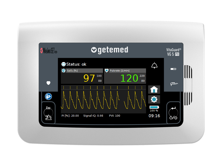 Hochauflösendes Produktbild der Vorderseite des VitaGuard VG 5 PX Pulsoximeters von GETEMED.